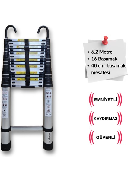 620 Cm. - 16 Basamaklı Kancalı Teleskobik / Teleskopik Alüminyum Merdiven - I Tipi Uzayan Merdiven