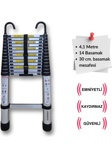 410 Cm. - 14  Basamaklı Kancalı Teleskobik / Teleskopik Alüminyum Merdiven - I Tipi Uzayan Merdiven