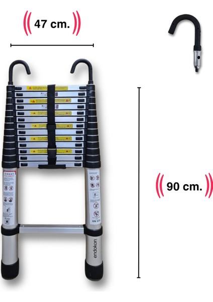 410 Cm. - 14  Basamaklı Kancalı Teleskobik / Teleskopik Alüminyum Merdiven - I Tipi Uzayan Merdiven