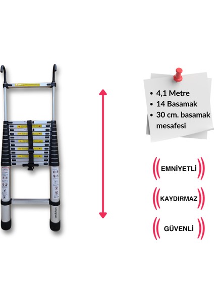 410 Cm. - 14  Basamaklı Kancalı Teleskobik / Teleskopik Alüminyum Merdiven - I Tipi Uzayan Merdiven