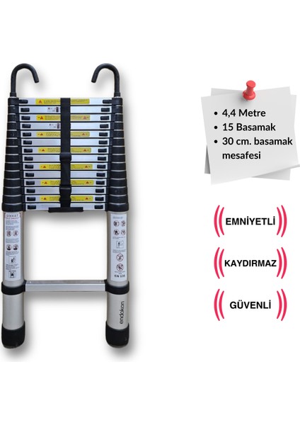 440 cm. - 15 Basamaklı Kancalı Teleskobik / Teleskopik Merdiven - I Tipi Uzayan Merdiven