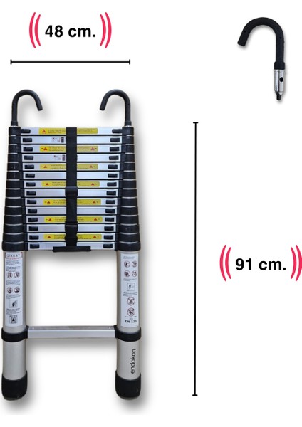 440 cm. - 15 Basamaklı Kancalı Teleskobik / Teleskopik Merdiven - I Tipi Uzayan Merdiven