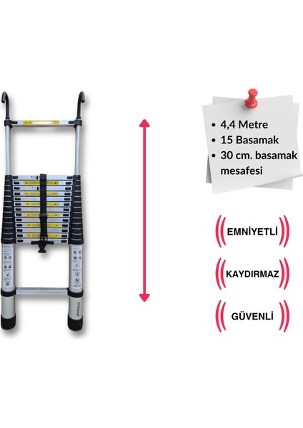 440 cm. - 15 Basamaklı Kancalı Teleskobik / Teleskopik Merdiven - I Tipi Uzayan Merdiven