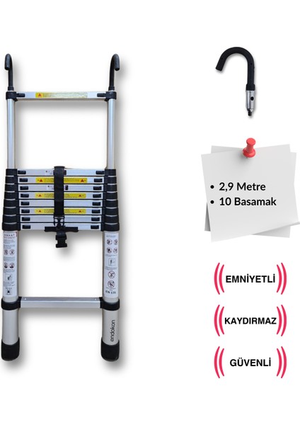 10 Basamak - 290 Cm. Kancalı Teleskobik / Teleskopik Alüminyum Merdiven - I Tipi Uzayan Merdiven