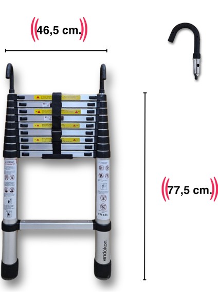 10 Basamak - 290 Cm. Kancalı Teleskobik / Teleskopik Alüminyum Merdiven - I Tipi Uzayan Merdiven