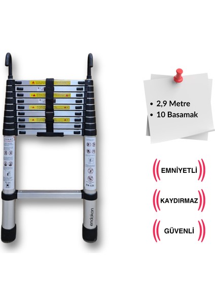 10 Basamak - 290 Cm. Kancalı Teleskobik / Teleskopik Alüminyum Merdiven - I Tipi Uzayan Merdiven