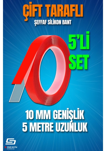 Çift Taraflı Bant 10MM x 5 Metre 5'li Paket Şeffaf Silikon Vhb Bant