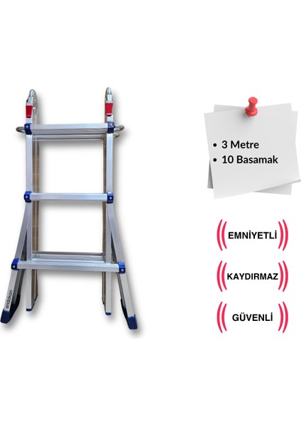 300 Cm. 10 Basamak A ve I Tipi Katlanıp Uzayabilen Mini Dev Alüminyum Merdiven