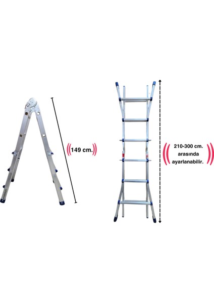 300 Cm. 10 Basamak A ve I Tipi Katlanıp Uzayabilen Mini Dev Alüminyum Merdiven