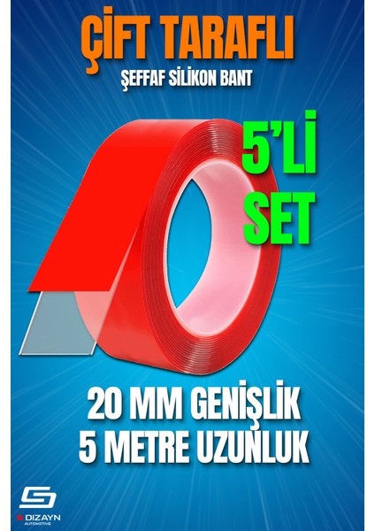 Çift Taraflı Bant 20MM x 5 Metre 5'li Paket Şeffaf Silikon Vhb Bant