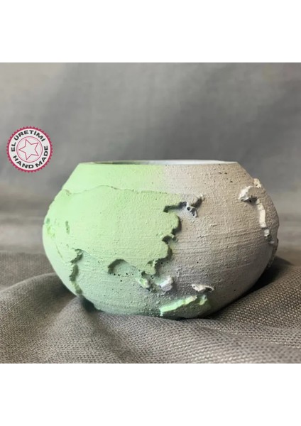 El Yapımı Dünya Şeklinde Mavi - Yeşil Saksı / Mumluk Dekoratif Obje - 6 x 9 cm