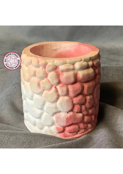 El Yapımı Taş Tozu Minik Pembe - Beyaz Dekoratif Saksı - 6 x 6 cm
