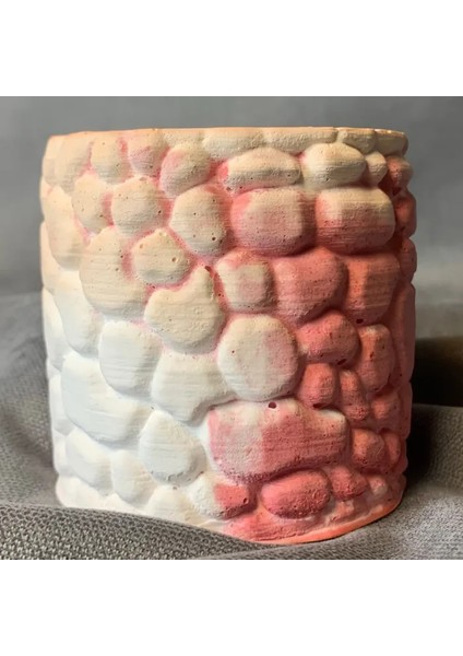 El Yapımı Taş Tozu Minik Pembe - Beyaz Dekoratif Saksı - 6 x 6 cm