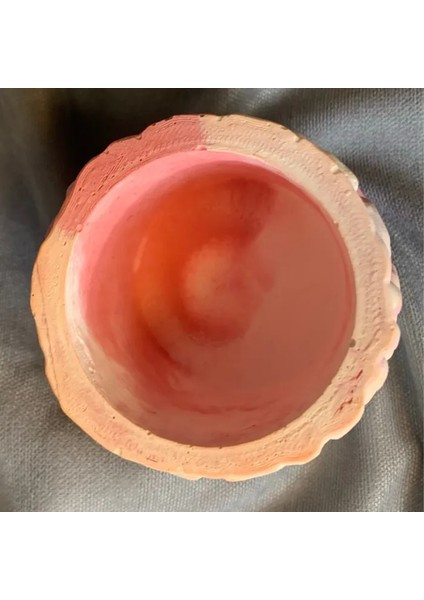 El Yapımı Taş Tozu Minik Pembe - Beyaz Dekoratif Saksı - 6 x 6 cm