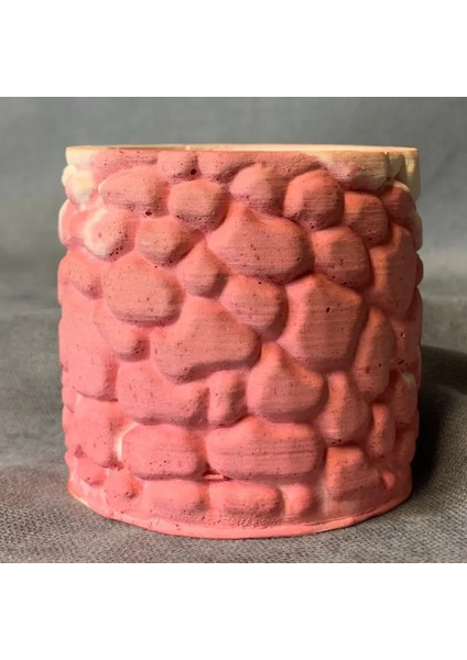 El Yapımı Taş Tozu Minik Pembe - Beyaz Dekoratif Saksı - 6 x 6 cm