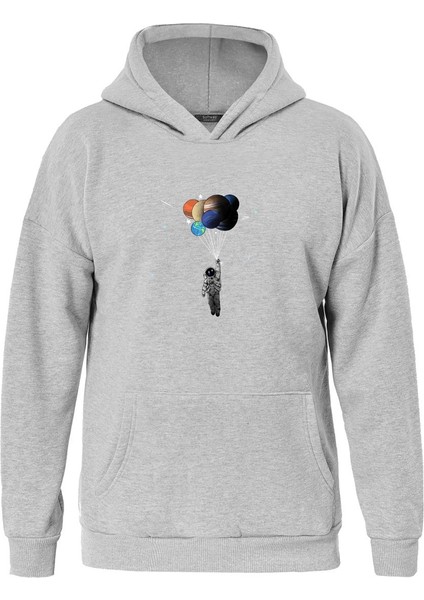 Balloon Astronaut Baskılı Kapüşonlu Içi Yumuşak Polarlı Oversize Sweatshirt - Gri