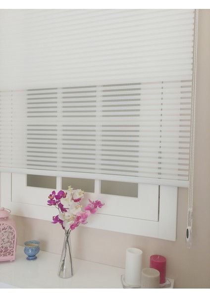 Çiftli Sistem Düz Beyaz Kalın Çizgili Tül ve Stor Perde