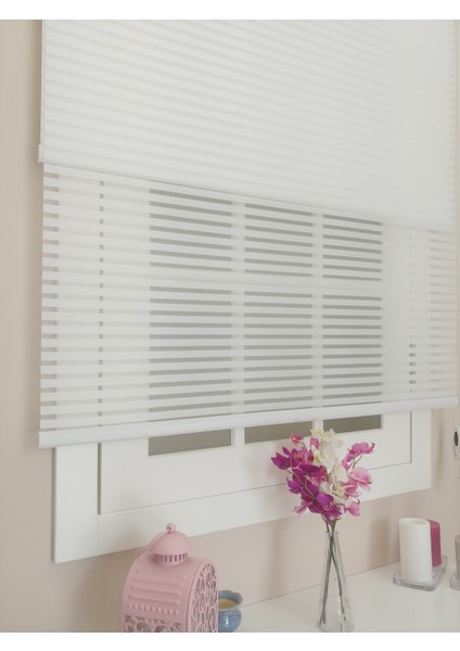 Çiftli Sistem Düz Beyaz Kalın Çizgili Tül ve Stor Perde fiyatları