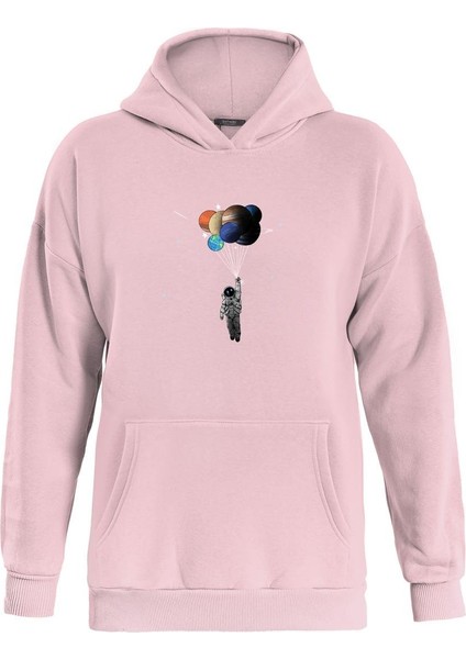 Balloon Astronaut Baskılı Kapüşonlu Içi Yumuşak Polarlı Oversize Sweatshirt - Pembe