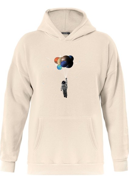 Balloon Astronaut Baskılı Kapüşonlu Içi Yumuşak Polarlı Oversize Sweatshirt - Bej