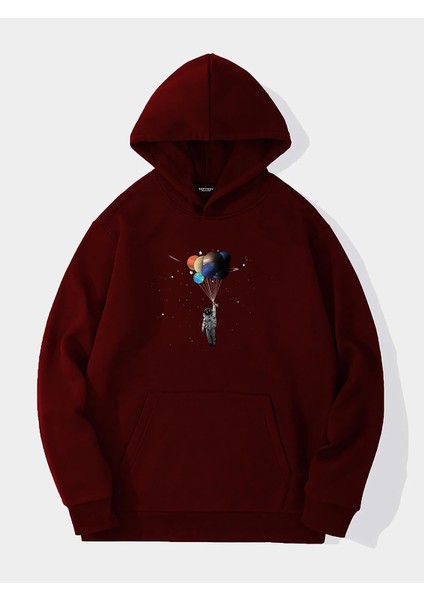 Balloon Astronaut Baskılı Kapüşonlu Içi Yumuşak Polarlı Oversize Sweatshirt - Bordo