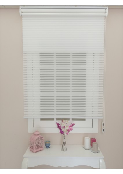 Çiftli Sistem Düz Beyaz Kalın Çizgili Tül ve Stor Perde modelleri