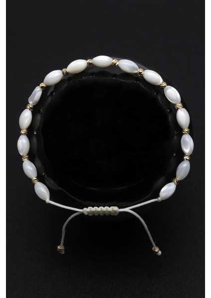 Sedef Doğal Taş Makrome Örme Bileklik Mercimek Kesim