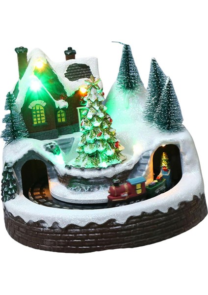 Led Noel Sahnesi Köy Evi Binası Minyatür Kar Kasabası Dönen Noel Ağacı (Yurt Dışından)