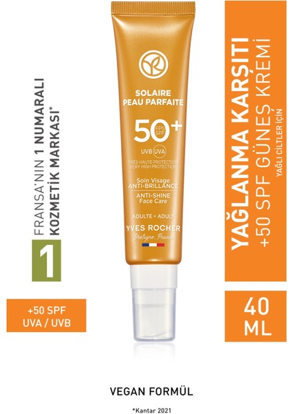 “Yves Rocher SPF 50+ Yüksek Korumalı Yağlanma ve Leke Karşıtı Yüz Güneş Kremi/Solaire Peau Parfaite-40 ml