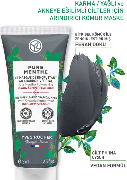 Karma, Yağlı Ve Akneye Eğilimli Ciltler Için Pure Menthe Kömür Maske-75 ml