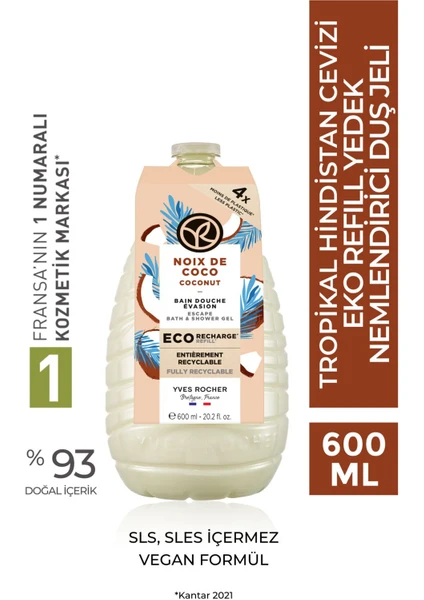 Yves Rocher Nemlendirici Eko Refill Yedek Duş Jeli - Tropikal Hindistan Cevizi 600 ml