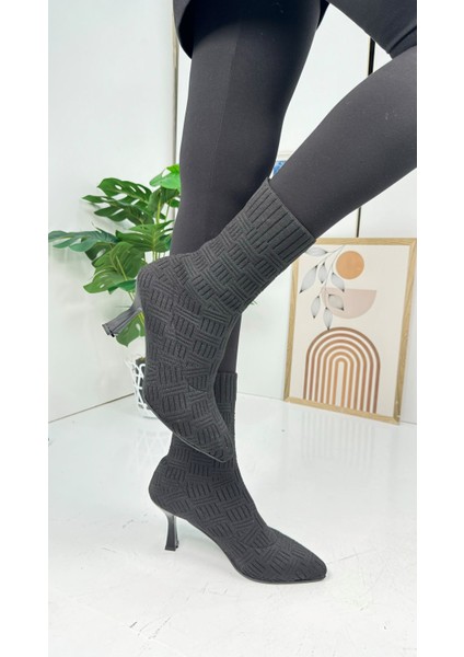 Günlük Kadın Bot Yüksek Ince Topuklu Triko Esnek Sivri Burunlu Tırtıklı Taban Rahat Bootie 170 indirimleri
