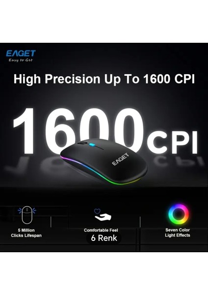 EM09 Mouse Kablosuz Şarj Edilebilir Sensiz ince Şık Tasarım Çift Mod Bluetooth+2.4G Kablosuz Aydınlatmalı Rgb