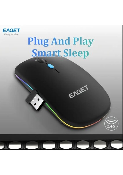 EM09 Mouse Kablosuz Şarj Edilebilir Sensiz ince Şık Tasarım Çift Mod Bluetooth+2.4G Kablosuz Aydınlatmalı Rgb