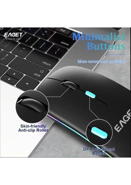 EM09 Mouse Kablosuz Şarj Edilebilir Sensiz ince Şık Tasarım Çift Mod Bluetooth+2.4G Kablosuz Aydınlatmalı Rgb
