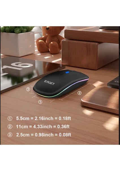 EM09 Mouse Kablosuz Şarj Edilebilir Sensiz ince Şık Tasarım Çift Mod Bluetooth+2.4G Kablosuz Aydınlatmalı Rgb