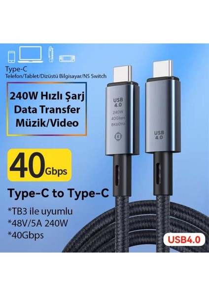 40GBPS 240W 4.0 Thunderbolt Type-C To Type-C Şarj, Data ve 8k 60Hz Görüntü Aktarım Kablosu Tip C ZR848