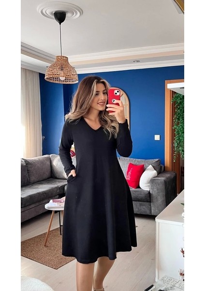 Kadın Uzun Kollu V Yakalı Salaş Midi Iki Iplik Elbise
