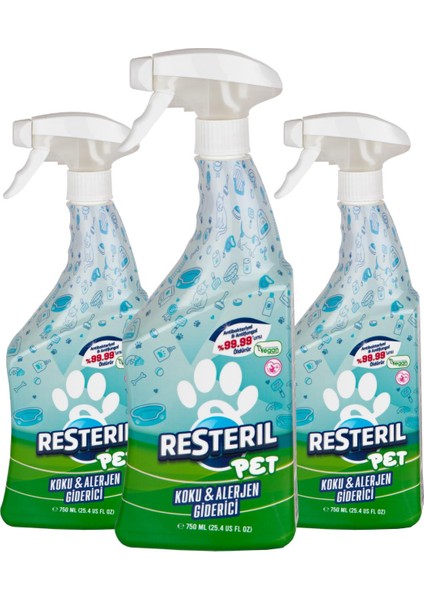 Resteril Hiyen Spreyi Pet 3x750ml Kedi Koku Giderici Köpek Yatağı Çiş Kusma Dezenfektan Temizleyici