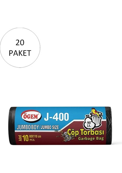 J-400 Jumbo Boy Çöp Torbası 80 x 110 cm 10'lu Rulo x 20 Paket = 200 Adet (Siyah)