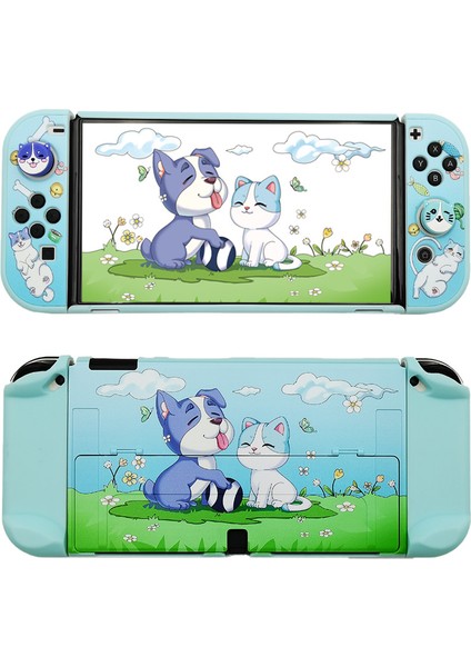 Nintendo Switch OLED Konsolu Koruyucu Sert Çanta Karikatür Kedi ve Köpek Teması Kılıf (Yurt Dışından)
