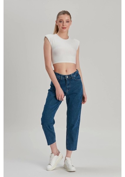 Kadın Mom Jeans Z Paça Enzim Yıkama Kot Mavi