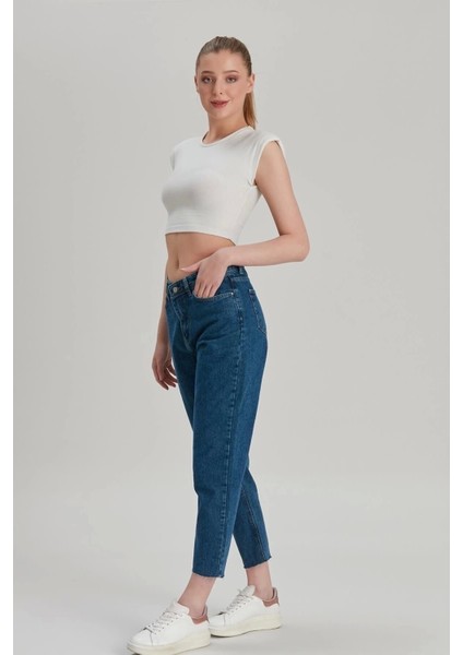 Kadın Mom Jeans Z Paça Enzim Yıkama Kot Mavi