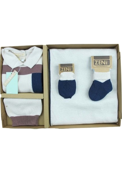 Zeni Triko Bebek 5 Li Tulum Seti Yenidoğan Bebek Takım Kutulu 3043 Krem-Lacivert