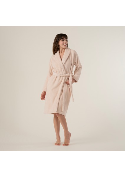 Solıd İplik Boyalı Çizgili Pamuk %100 Pamuk Bornoz Large Beden Natürel - Pembe