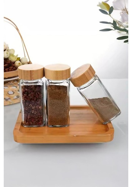 Etiketli 12’li Bambu Kapaklı Cam Kare Baharatlık Seti C- 1-1-18