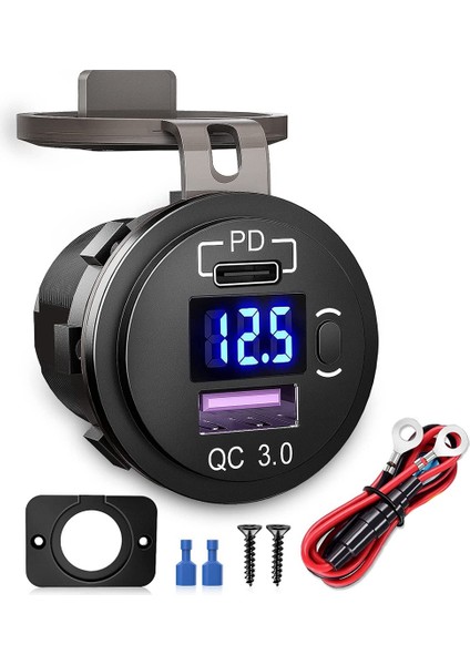 Araba Çift USB Şarj Aleti Hızlı Şarj Qc 3.0 ve Pd USB Şarj Soketi Adaptörü Anahtarı ile Voltmetre Kamyonlar Için Rv Motosiklet (Yurt Dışından)