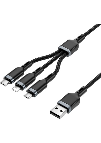 3in1 Usb-A To Lightning–type-C–micro Çoklu Şarj Kablosu Wiwu WI-C014 Platinum Serisi 3.1A 1.2m Siyah
