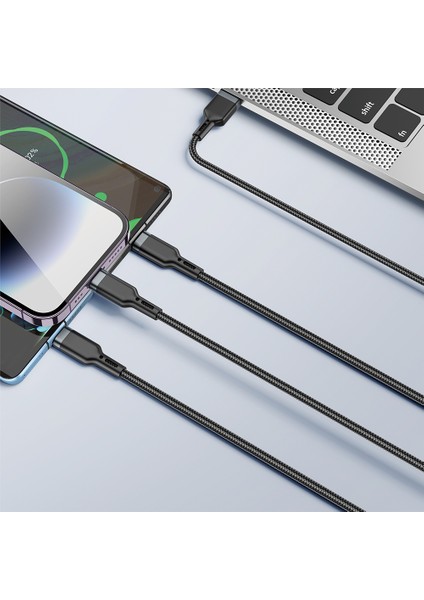 3in1 Usb-A To Lightning–type-C–micro Çoklu Şarj Kablosu Wiwu WI-C014 Platinum Serisi 3.1A 1.2m Siyah