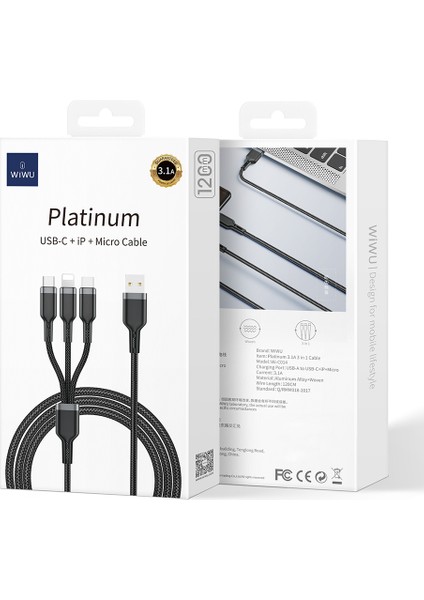 3in1 Usb-A To Lightning–type-C–micro Çoklu Şarj Kablosu Wiwu WI-C014 Platinum Serisi 3.1A 1.2m Siyah